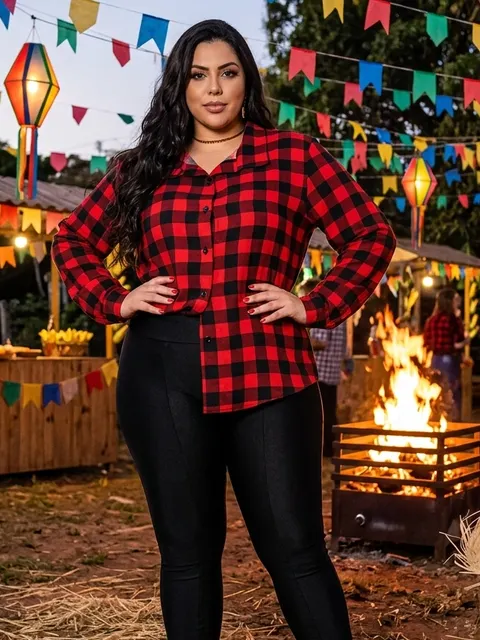 Camisa Xadrez Plus Size Manga Longa Tecido Viscose