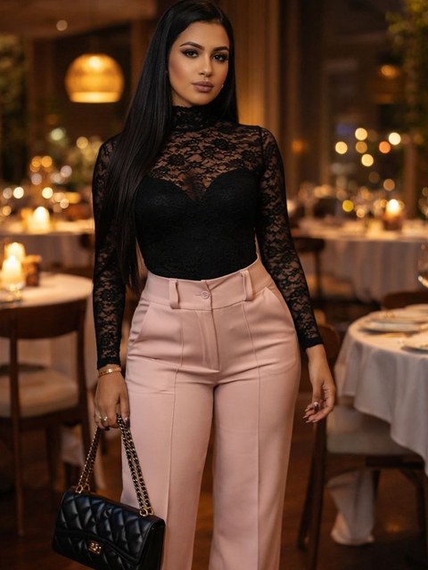 Body Feminino Renda Manga Longa Gola Alta Elegante