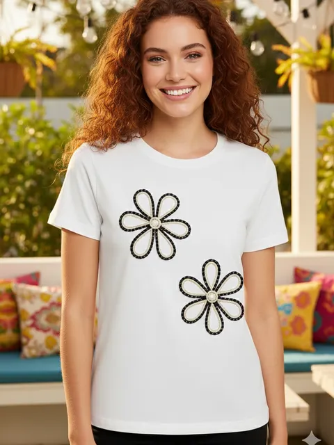 Blusa T-shirt Importada Floral Bordada em Algodão Feminina