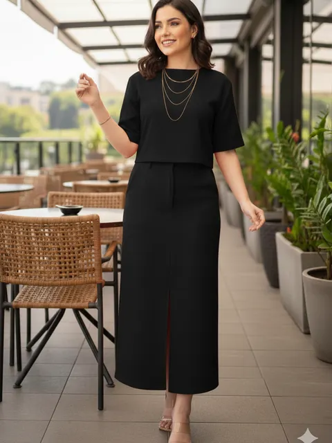 Conjunto Feminino Karol Blusa e Saia com Fenda e Bolso