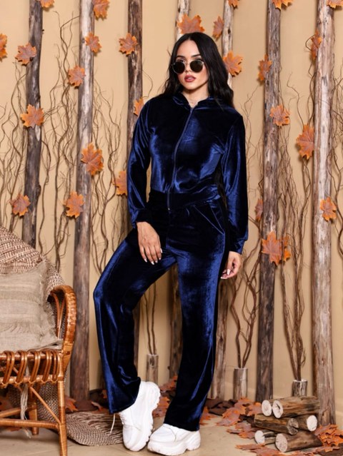 Conjunto veludo feminina Blusa manga longa com ziper e Calça