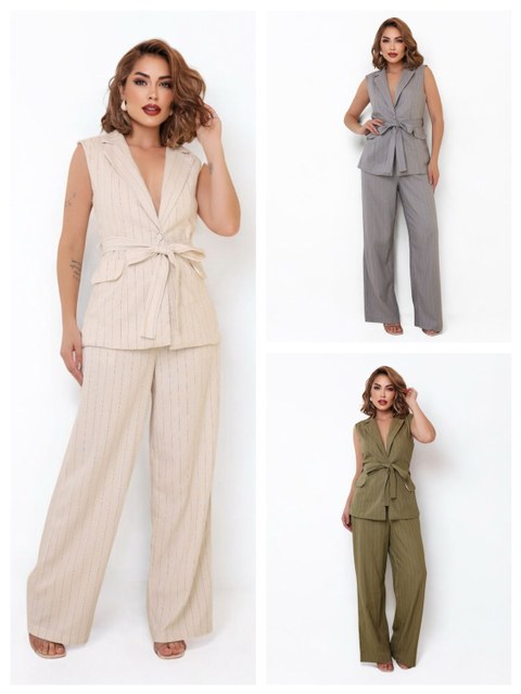 Conjunto feminino de colete e calça tecido linho
