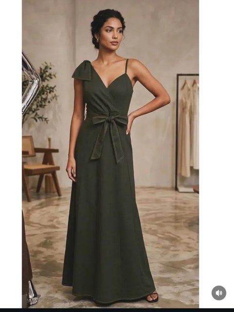 Vestido longo com detalhe em laço no ombro