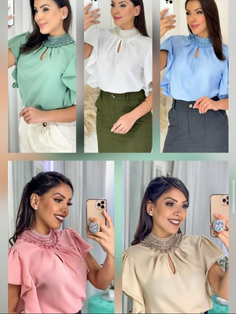 Blusa moda Evangelica,gola pérola manga bufante