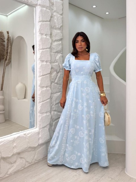 Vestido longo manga princesa elastex nas costas