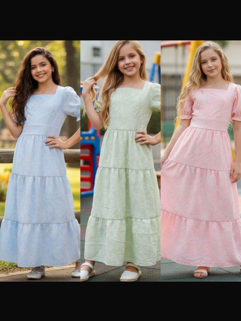 Vestido longo juvenil estampado  manga princesa