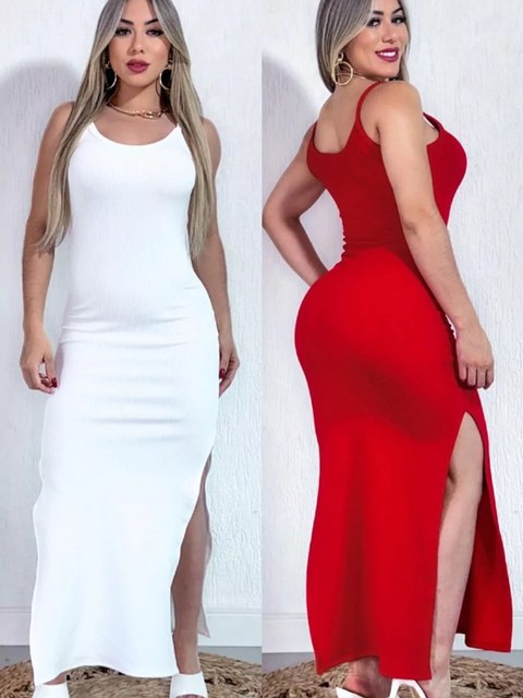Vestido Longuete Alça com fendas nas laterais