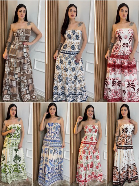 Vestido Longo Estampado floral com lastex