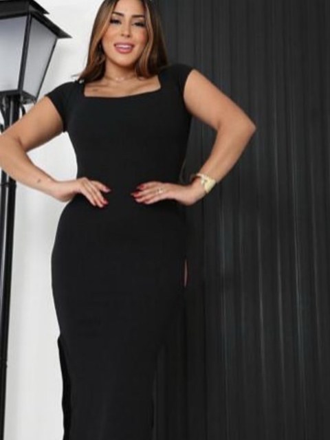 Vestido Decote Quadrado Mid Fenda Anarruga