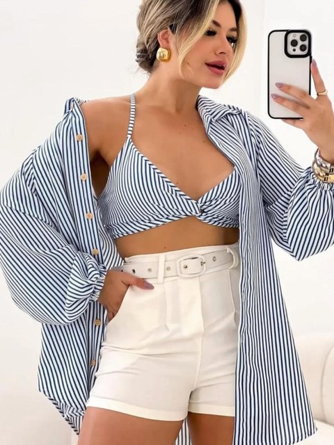 Conjunto Kimono Camisa com Cropedy Tendência