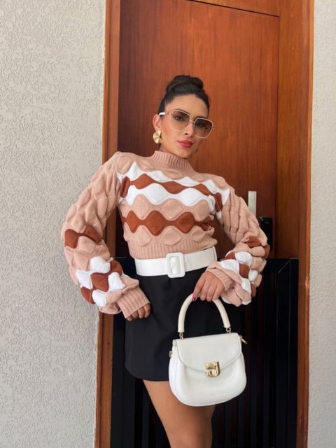 Blusa manga longa detalhado tricô modal