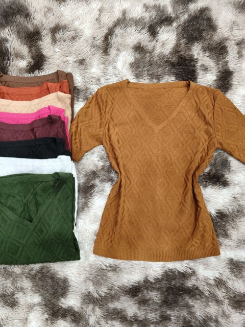 Blus manga curta gola V tricô modal