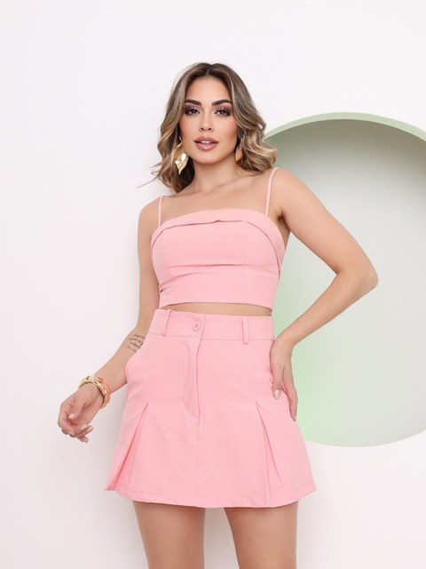 Conjunto feminina de cropped e short saia tecido Domenique
