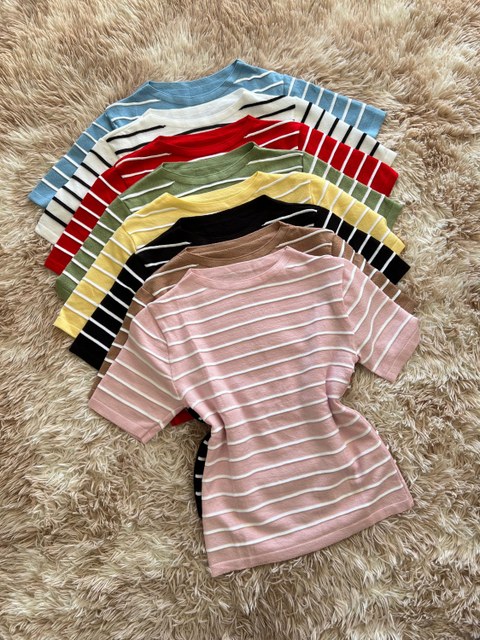Blusa listrado manga curta básico tricô modal