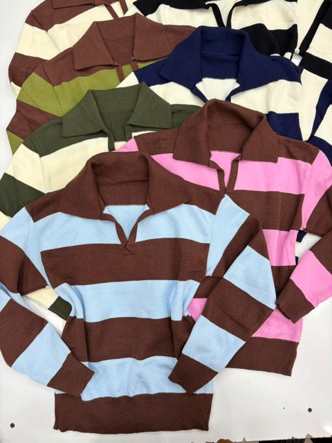 Blusa Polo Listrado Tricô Modal Manga Longa