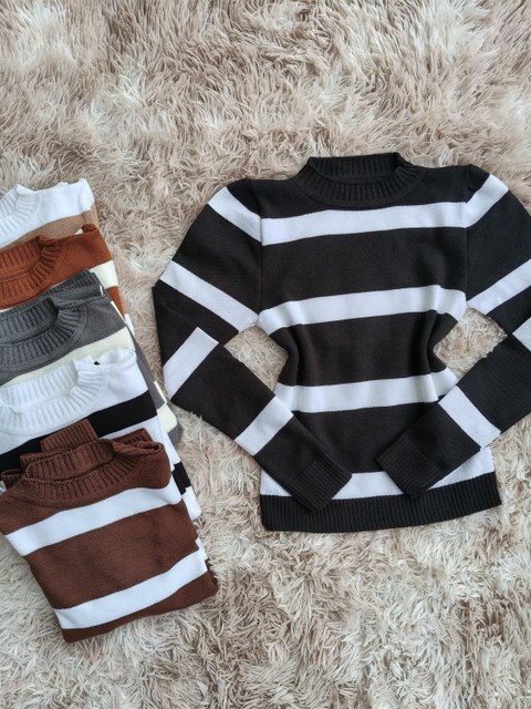 Blusa manga longa listrado tricô modal