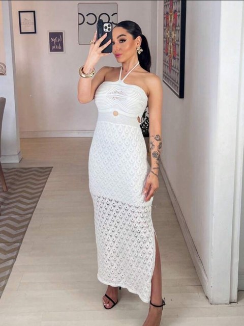 Vestido longa feminina detalhado tricô modal