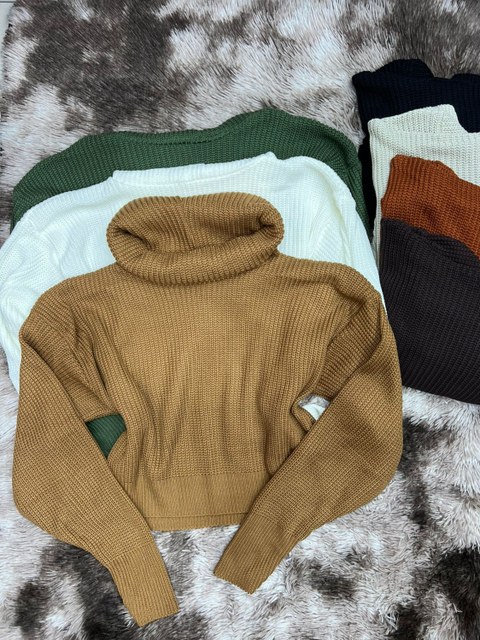 Blusa manga longa gola alta tricô modal