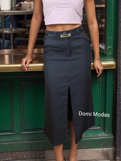 Domi Modas Saia de Gabardine Midi Abertura Frontal G156