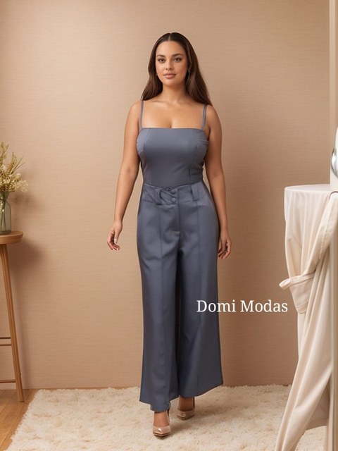 Domi Modas Calça Feminina Plus Size Luis Twill Pantalona Wide Leg Moda Elegante Outono LT8406