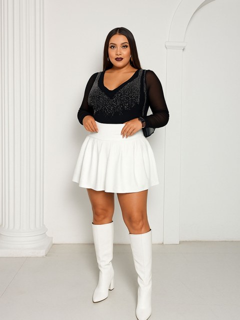 Saia Curta Godê em Couro Sintético e Acabamento Plissado