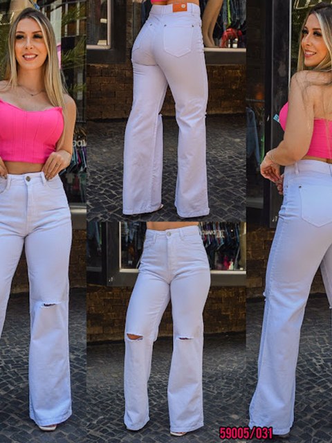 Calça Feminina Jeans Wid Leg cor Branca recorte no joelho