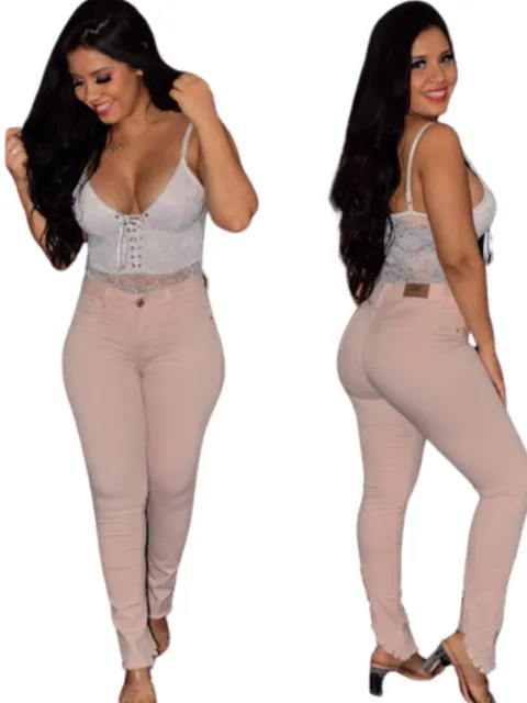 Calça Feminina Skinny Sarja cor Salmão com zíper na perna