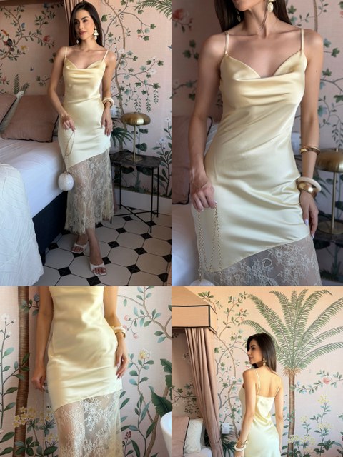 Vestido cetim feminina com renda