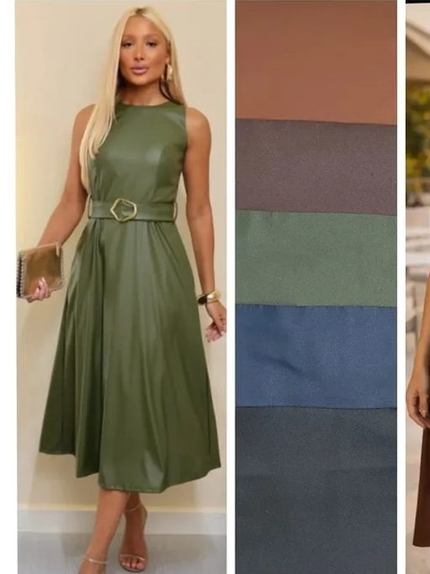 Vestido Midi feminino couro fake com cinto (22)