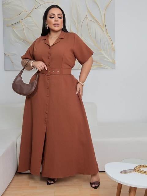 Vestido longo chamisse Plus size com cinto (176)