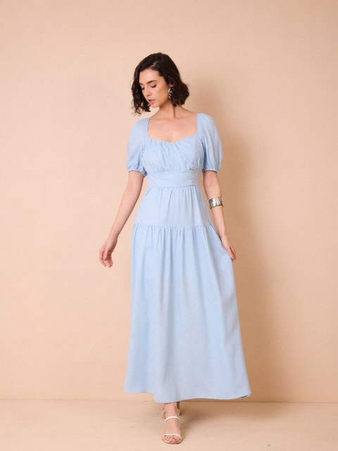 SML50-Vestido Liza Decote Quadrado e Mangas Bufantes