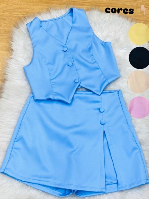 Conjunto alfaiataria blusa colete e shorts saia