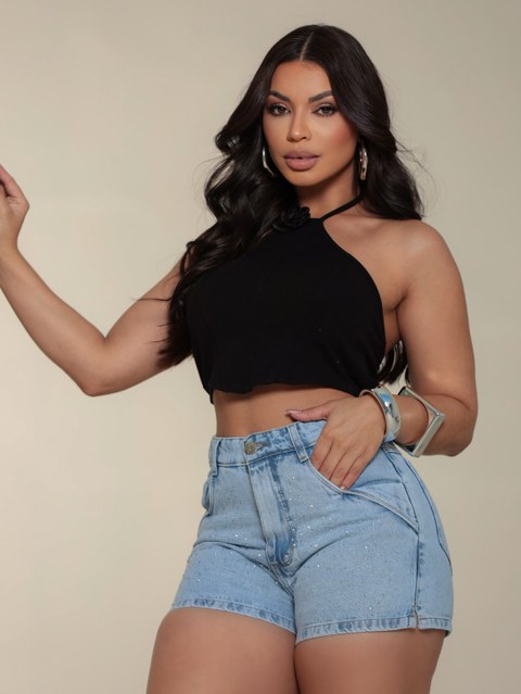 Short Mom Jeans Feminino Sem Elastano Com Brilhos 5125