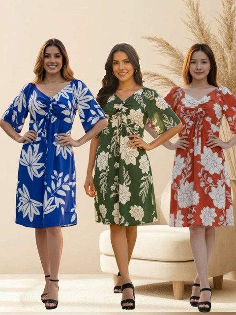 Vestido curto evangélico estampado manga flare