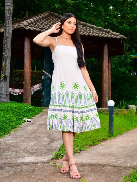 Vestido Midi Estampado Sem Manga Alça Regulável