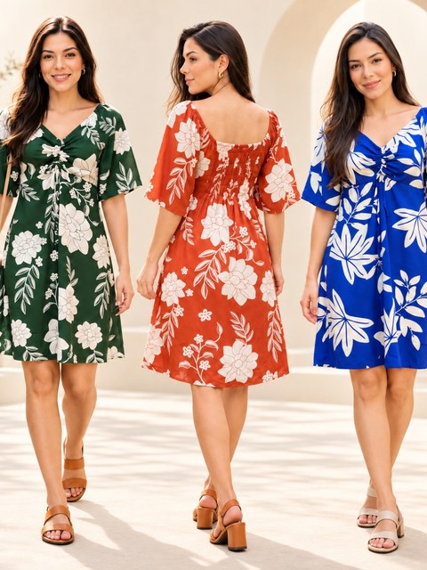 Vestido curto evangélico estampado manga flare