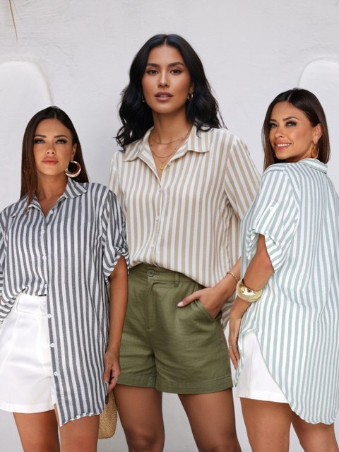 Camisa Feminina Listrada Manga Curta botões social chic