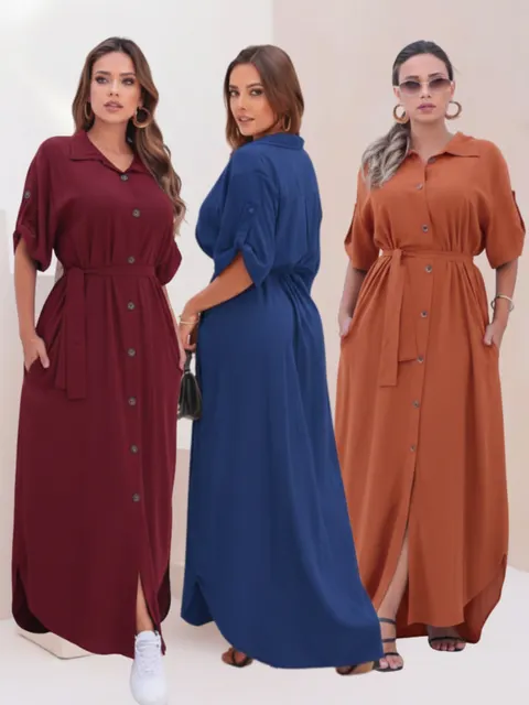 Vestido Chemise Feminino Longo Botões funcionais cinto