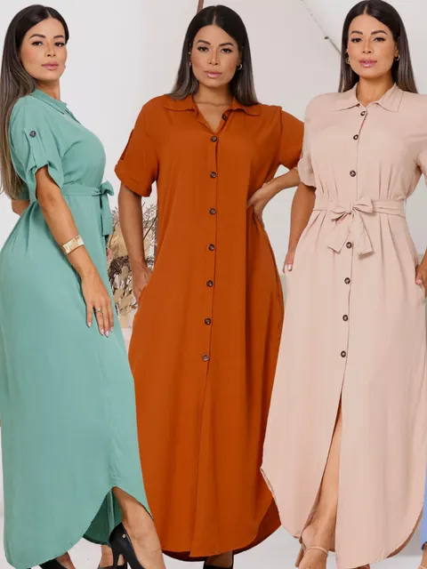 Vestido Chemise Feminino Longo com Botões Frontal