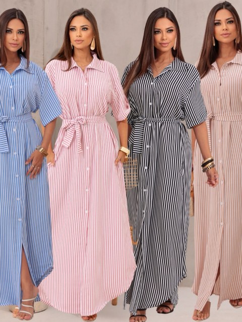 Vestido Chemise Listrado Longo, Perfeito Moda De Verão