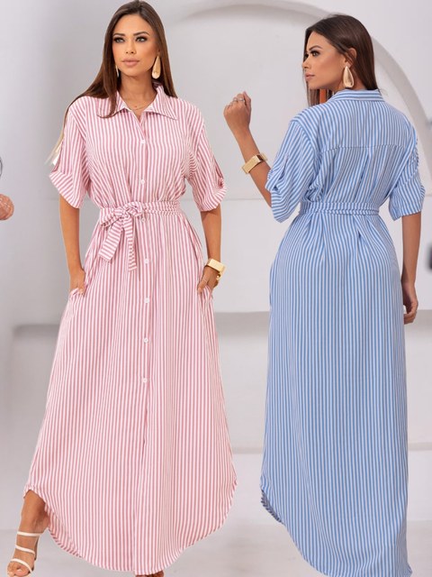 Vestido Chemise Listrado Longo, Perfeito Moda De Verão