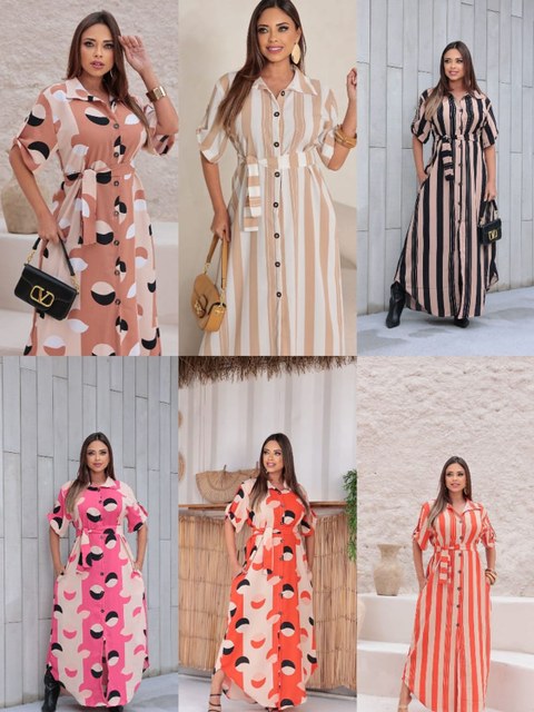 Vestido Chamise Longo Listrado Manga Curta com cinto