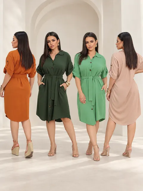 Vestido Chemise Curto Liso Moda Verão