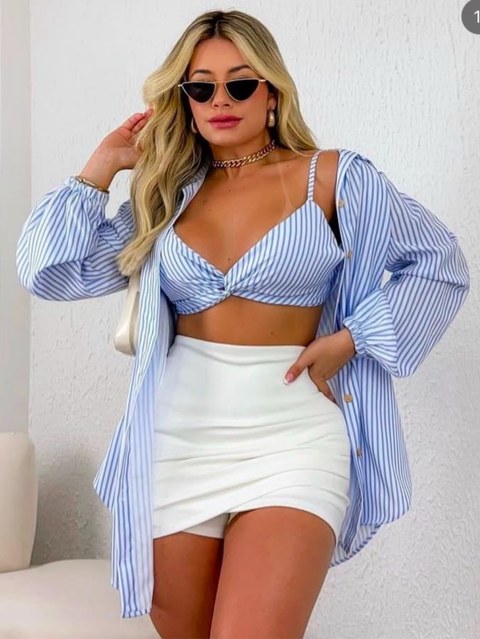 Conjunto kimono listrado Camisa e Cropped lista