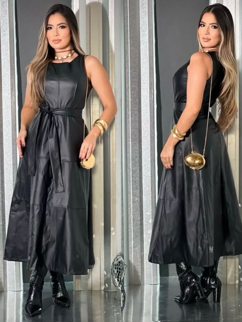 Vestido mid longo couro fack inverno country rodeios