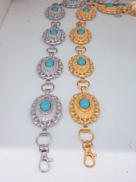 Cinto corrente feminino turquesa oval com pedra azul