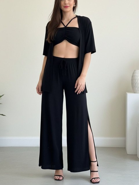Conjunto kimono, cropped e pantalona com fenda