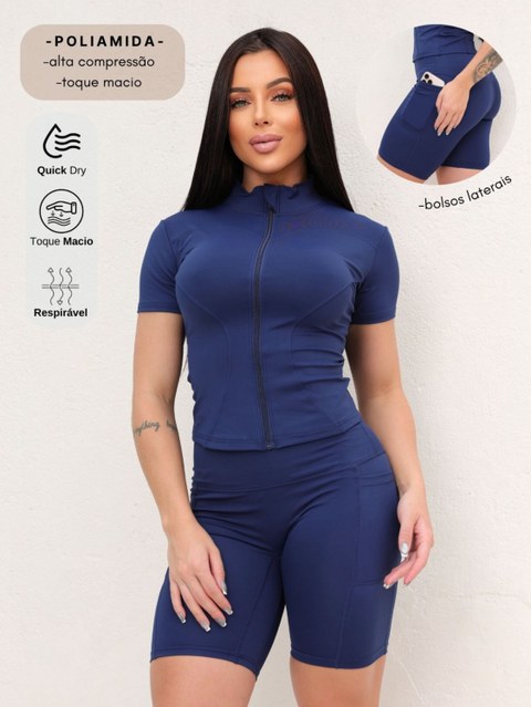 Conjunto blusa zíper+ bermuda bolsos FY622 + FY1023