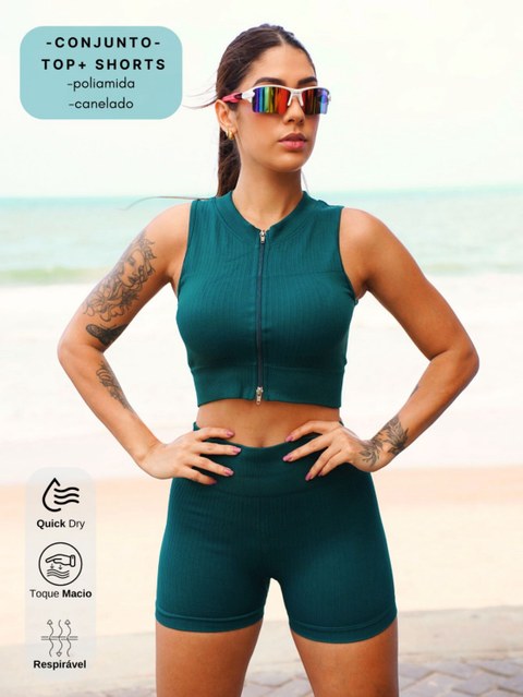 Conjunto Fitness Canelado com Zíper alta compressão MT174