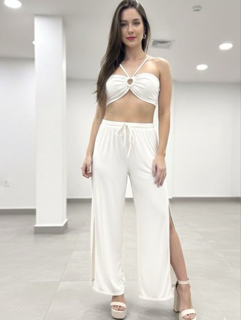 Conjunto cropped multiuso e pantalona com fenda